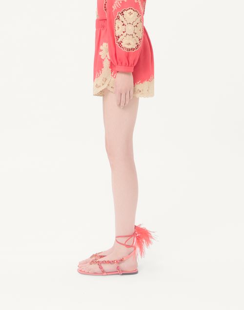 Valentino - Embroidered Couture Linen Shorts - Coral/beige - Woman - Trousers And Shorts