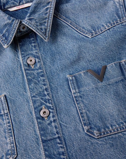 Valentino - Denim Shirt With Metallic V Detail - Denim - Man - Denim
