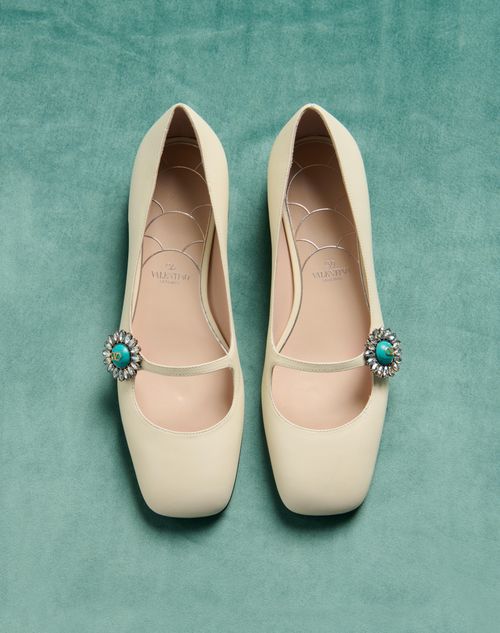 Valentino Garavani - Mary-jane Preshoes Ballerina In Kidskin With Jewel Button 20mm - Ivory/crystal/turquoise - Woman - Ballerinas