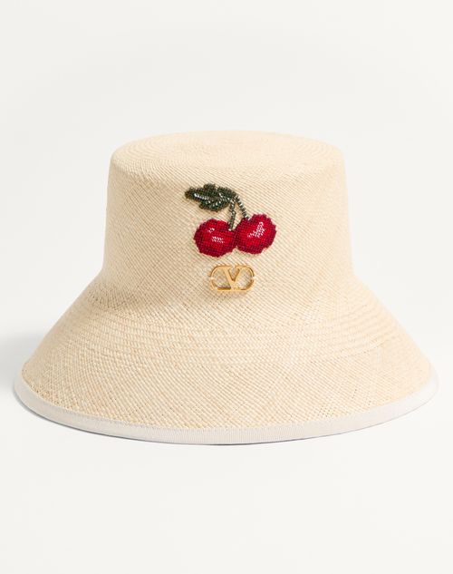 Valentino Garavani Vlogo Signature Straw Bucket Hat With Leather Trim And Cherry Embroidery Woman Na In Natural/multicolour