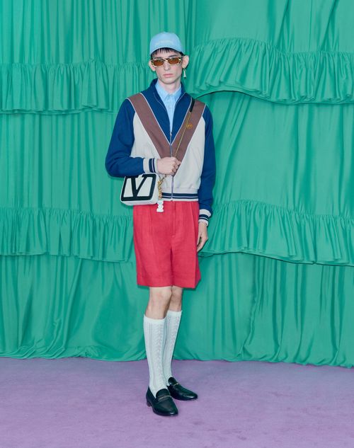 Valentino - Nylon Sweatshirt With Zip And Vlogo Patch - Blue/hazelnut/butter - Man - T-shirts And Sweatshirts