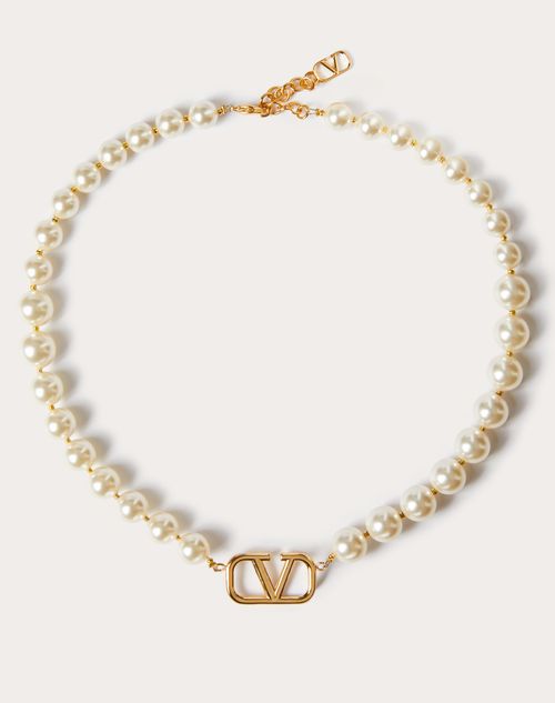 Valentino Vlogo Signature Metal And Swarovski Pearls Necklace In Gold