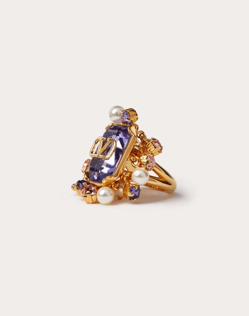 Valentino Garavani Vlogo Signature Metal Ring With Pearls And Crystals Woman Gold/purple 13