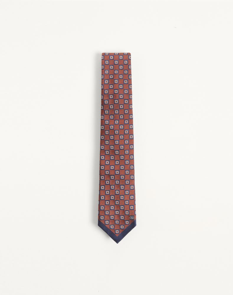 Valentino Garavani Men's Orange/Blue/Ivory Valentie Jacquard Silk Tie With Geometric Pattern Man Uni