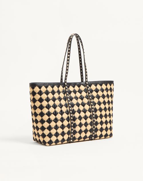 Valentino Garavani - Valentino Garavani Rockstud Embroidered Shopping Bag In Raffia - Natural/black - Woman - Totes