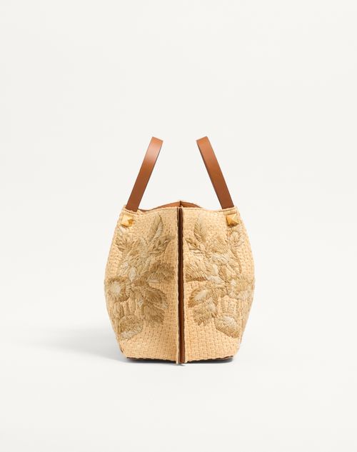 Valentino Garavani - Medium Shopping Bag In Raffia With Floral Embroidery - Natural - Woman - Totes