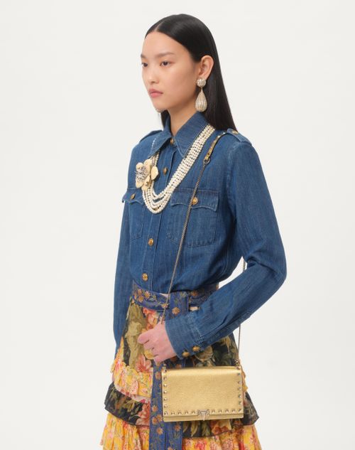 Valentino Garavani - Rockstud Mini Calfskin Bag With Chain In Laminated Grainy Calfskin - Antique Brass - Woman - Wallets And Small Leather Goods