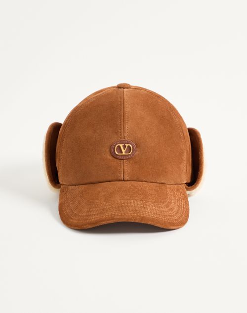 Valentino Garavani Valentino Garavani Vlogo Signature Baseball Cap In Suede And Sheepskin Man Brown/butter 59