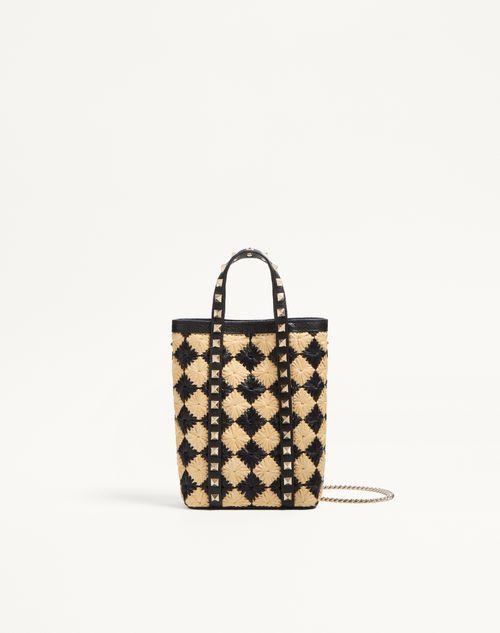 Valentino Garavani - Mini Tote With Synthetic Raffia Embroidered Rockstud Chain - Natural/black - Woman - Totes