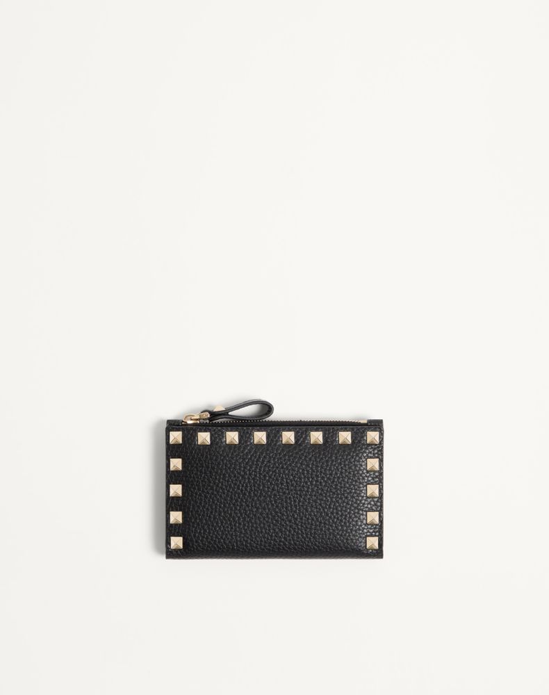 Valentino Garavani Women's Black Rockstud Grainy Calfskin Cardholder With Zip Woman Uni