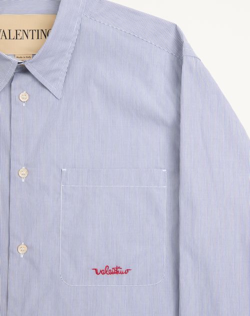 Valentino - Valentino Striped Cotton Shirt With Valentino Embroidery - Azure/white - Man - Shirts