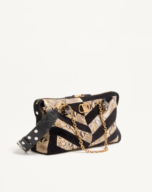 Valentino Garavani - Valentino Garavani Panthea Python And Suede Chevron Motif Shoulder Bag - Natural/black - Woman - Shoulder Bags