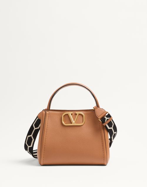 Valentino Garavani Garavani Alltime Medium Handbag In Grainy Calfskin With Jacquard Ribbon Shoulder  In Almond/black/white