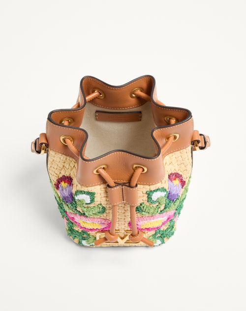 Valentino Garavani - Vlogo Signature Mini Bucket Bag In Raffia With Floral Embroidery - Multicolor/camel - Woman - Shoulder Bags
