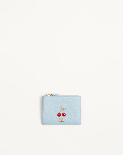 Valentino Garavani - Portacarte Cherryfic In Vitello Granato - Azzurro - Donna - Portafogli E Piccola Pelletteria