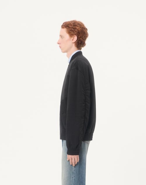 Valentino - Valentino Bomber Jacket In Viscose And Cotton Cannetté With Metallic V Detail - Black - Man - Outerwear