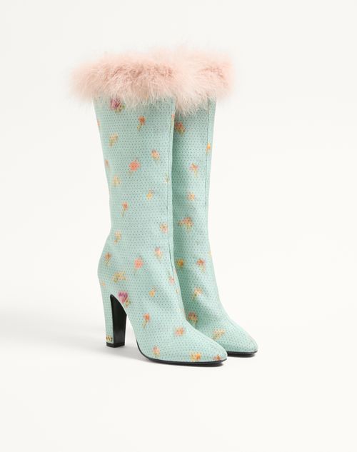 Valentino Garavani - Bottes Hotty En Tissu Chiné À Motif Floral Et À Pois, Ornées De Plumes, Talon : 100 mm - Bleu Ciel - Femme - Bottes