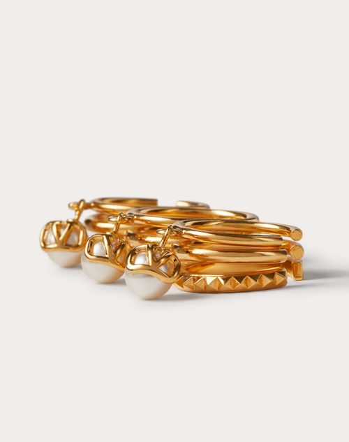 Valentino Garavani Vlogo Signature Metal Ring Set With Swarovski® Pearls Woman Gold/crystal Silver 1