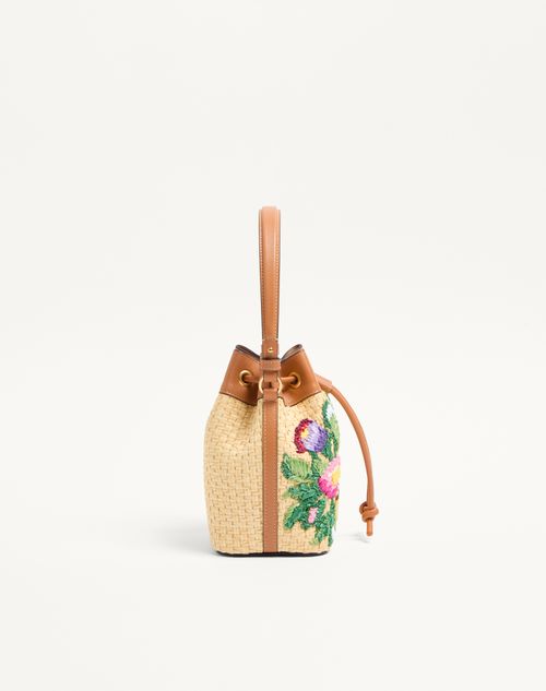 Valentino Garavani - Vlogo Signature Mini Bucket Bag In Raffia With Floral Embroidery - Multicolor/camel - Woman - Shoulder Bags