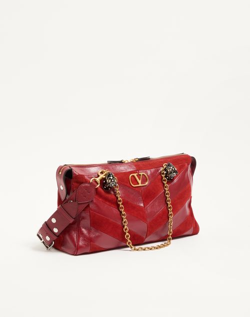 Valentino Garavani - Borsa Media A Spalla Valentino Garavani Panthea In Suede E Nappa Motivo Chevron - Rosso - Donna - Borse A Spalla