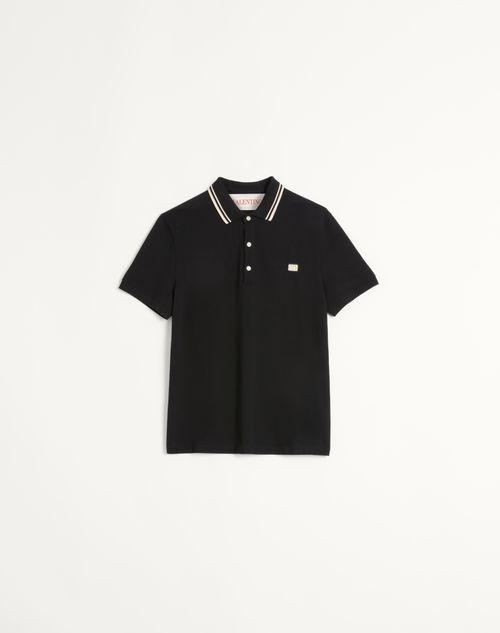 Valentino Garavani Black Polo Shirt With Classic Bicolor Collar And Logo Patch On The Front In Cotto In Black