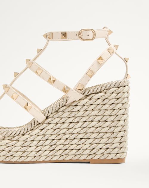 Valentino Garavani - Rockstud Calfskin Wedge Sandal With Straps 95 Mm - Light Ivory - Woman - Espadrilles And Wedges