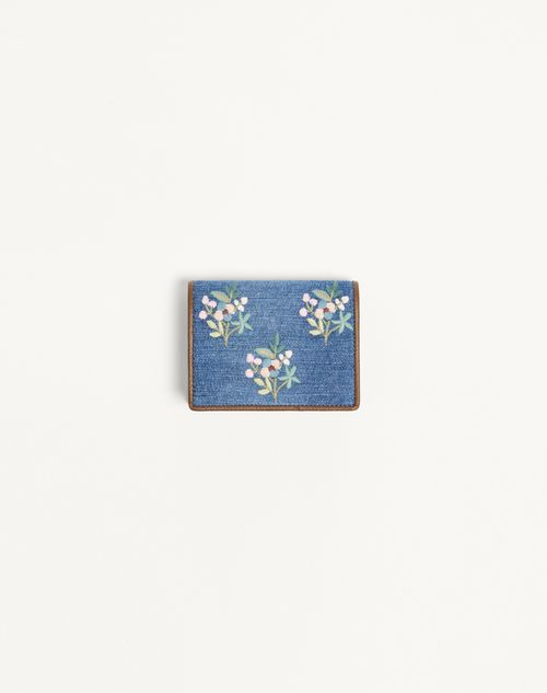 Valentino Garavani - Valentino Garavani Vlogo Signature Wallet In Denim With Floral Embroidery - Denim - Woman - Wallets And Small Leather Goods