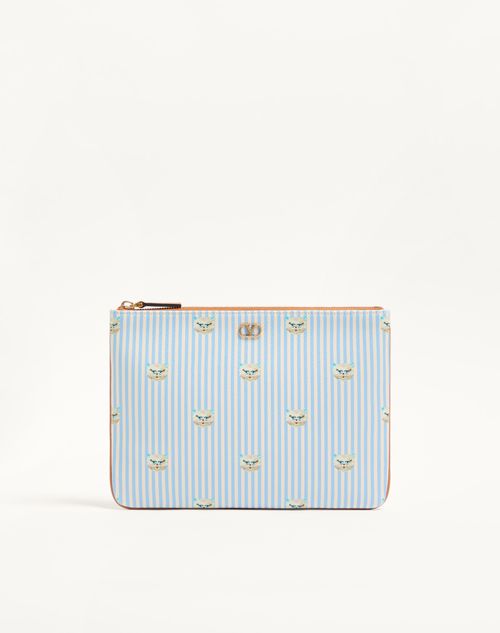 Valentino Garavani Valentino Garavani Vlogo Signature Pouch In Grainy Calfskin With Le Chat De La Maison Print Man Azure/ivory Onesize