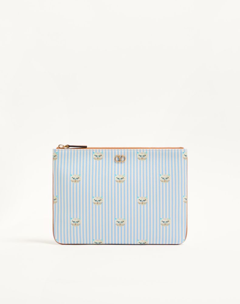 Valentino Garavani Men's Azure/Ivory Vlogo Signature Pouch In Grainy Calfskin With Le Chat De La Maison Print Man Uni