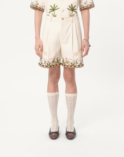 Valentino - Cotton Canvas Bermuda Shorts With Floral Embroidery And Jacquard Trimmings - Shell - Man - Pants And Shorts
