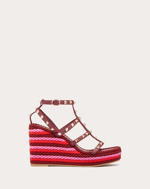 Valentino Garavani Rockstud Ankle Strap Wedge Sandal In Calfskin Leather 95 Mm Woman Cherry/multicol In Cherry/multicolour