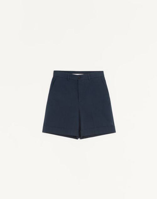Valentino - Valentino Cotton Gabardine Bermuda Shorts With Turn-up And Vlogo Embroidery - Navy - Man - Pants And Shorts