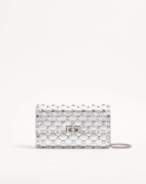 Valentino Garavani Valentino Garavani Rockstud Spike Shoulder Bag In Laminated Nappa Leather With Cabochon Stones Woman Silver/crystal Onesize