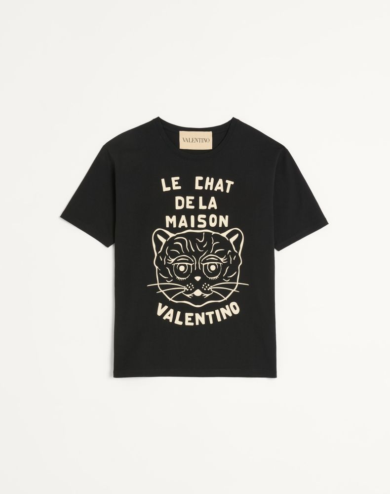 Valentino Hombre Negro Camiseta De Algodón Con Estampado Chat De La Maison /Manteca Xl