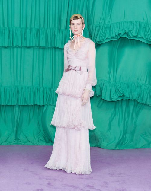 Valentino - Long Dress In Creponne Chiffon With Plus De Pois Print - Rose/ivory - Woman - Gowns