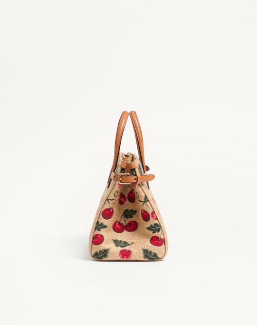 Valentino Garavani - Valentino Garavani Antibes Small Shopping Bag In Jacquard Raffia With Cherryfic Pattern - Natural/red - Woman - Totes
