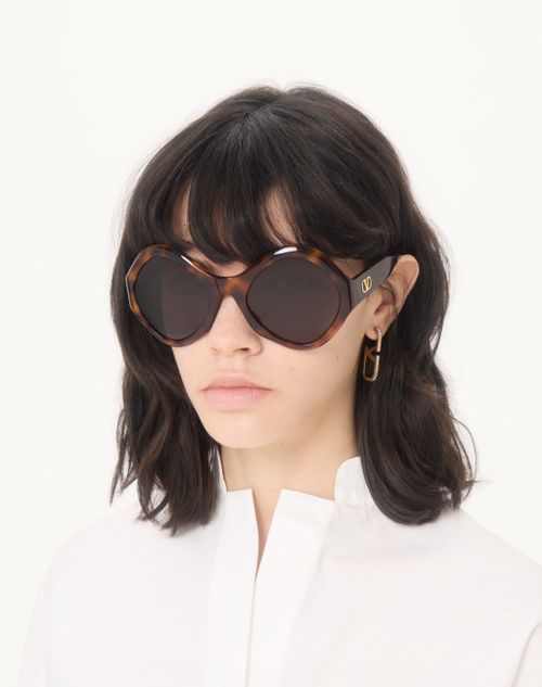 Valentino - Round Acetate Eyewear - Havana/grey - Unisex - Eyewear