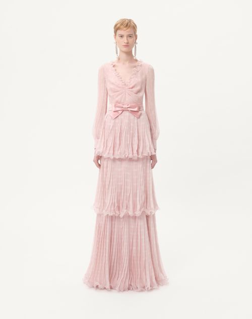 Valentino - Long Dress In Creponne Chiffon With Plus De Pois Print - Rose/ivory - Woman - Gowns