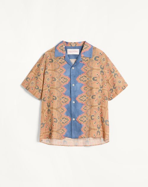 Valentino - Linen Bowling Shirt With Voyage Imaginaire Print - Azure/beige/pink - Man - Shirts