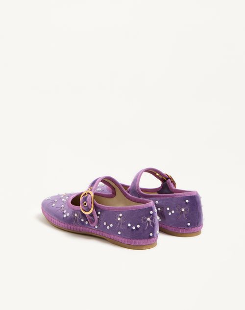 Valentino Garavani - Mary-jane Endouce Velvet Ballerina With Bow Embroidery - Purple - Woman - Ballerinas