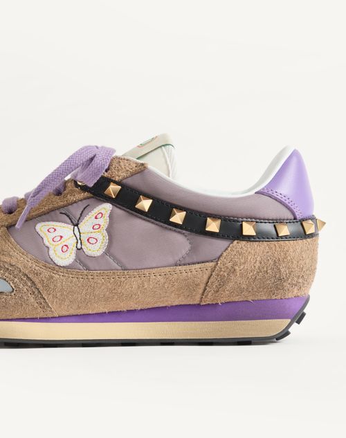 Valentino Garavani - Stud Up Sneaker In Split Leather And Nylon With Butterfly Embroidery - Lilac/multicolor - Man - Sneakers