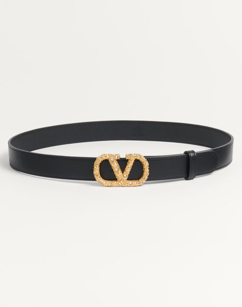 Valentino 30mm Vlogo Signature Leather Belt In Black/crystal