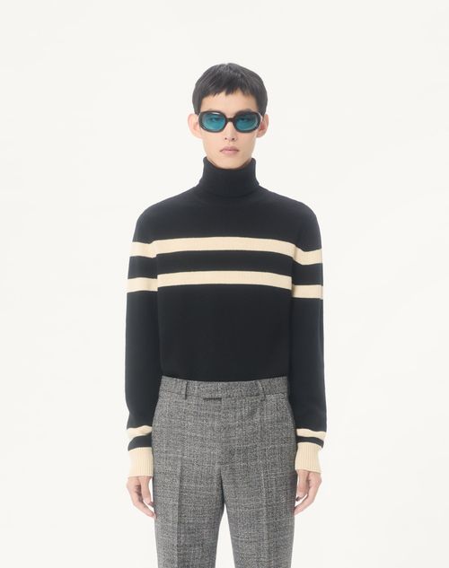 Valentino - Valentino High-neck Wool Sweater With Vlogo Embroidery - Black/butter - Man - Knitwear
