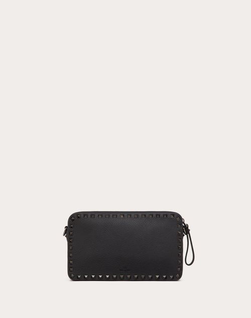 Valentino Garavani - Rockstud Grainy Calfskin Crossbody Bag - Black - Man - Shoulder Bags