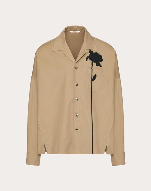 Shop Valentino Stretch Cotton Canvas Shirt Jacket With Flower Embroidery In ベージュ