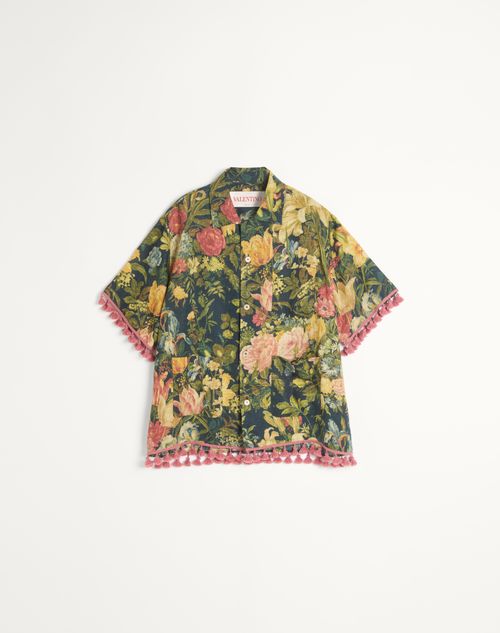 VALENTINO VALENTINO LINEN BOWLING SHIRT WITH APRES L'HIVER PRINT 