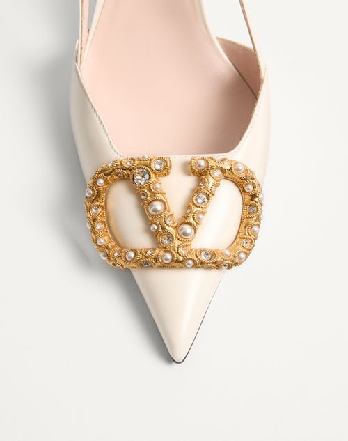 Valentino Garavani - Vlogo Signature Slingback Calfskin Pump With Jewel Logo 80mm - Ivory - Woman - Pumps