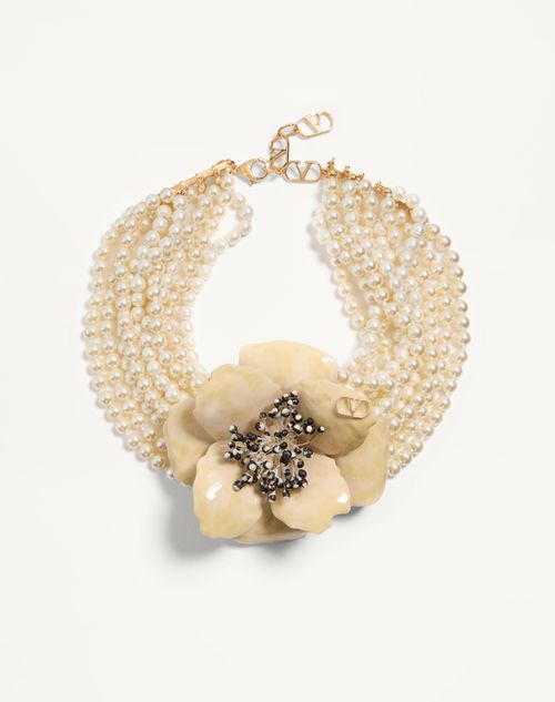 Valentino Garavani Fleur Lumineuse Necklace In Metal, Enamel, Pearls And Fabric Woman Gold/cream Onesize