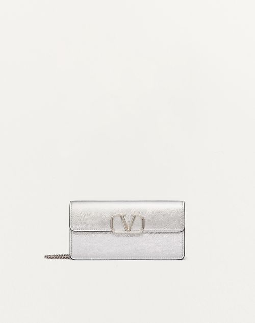 Valentino Garavani - Vlogo Signature Metallic Grainy Calfskin Wallet With Chain - Silver - Woman - Wallets And Small Leather Goods