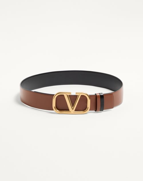 Valentino Garavani - Reversible Vlogo Signature Belt In Glossy Calfskin 40 Mm - Saddle Brown/black - Woman - Accessories